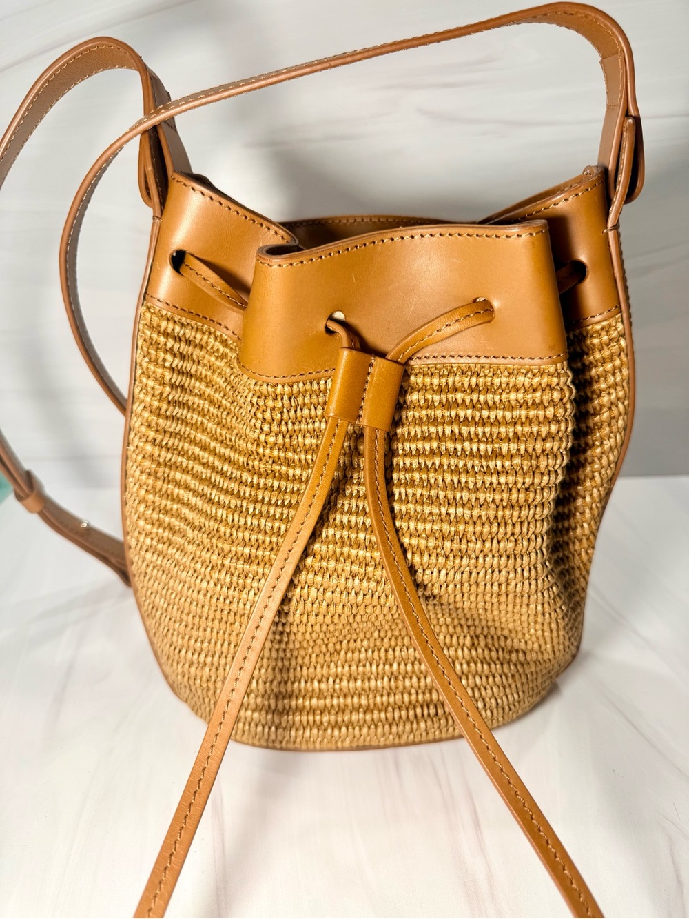 M.Gemi Teela Bucket Bag Italian Raffia & Leather Crossbody Safari - EUC w Dust